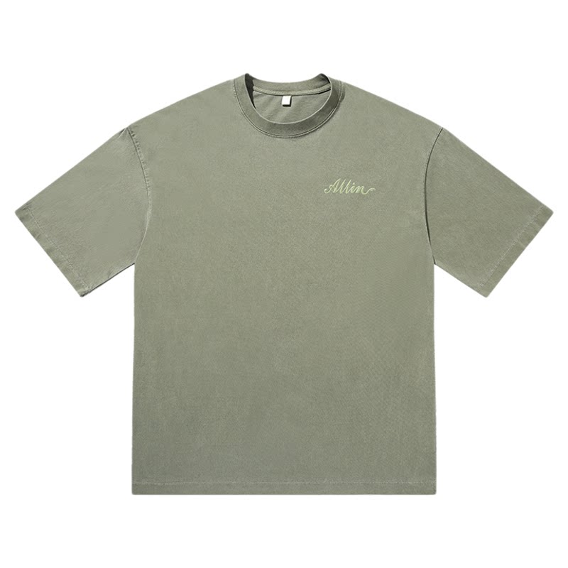 ALLIN 重磅圆领短袖t恤男夏季字母立体印花纯棉情侣水洗半袖上衣