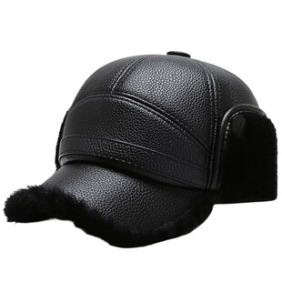 中老年人帽子加厚保暖护耳防风高档PU皮棒球帽冬季加绒黑色雷锋帽