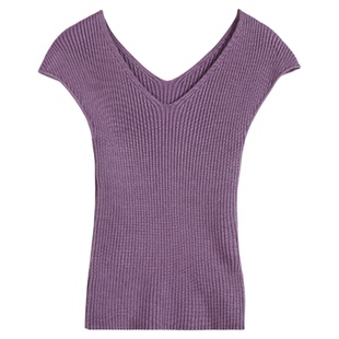 NEVA HU 白色v领短袖针织衫女夏季简约气质修身无袖t恤小飞袖上衣