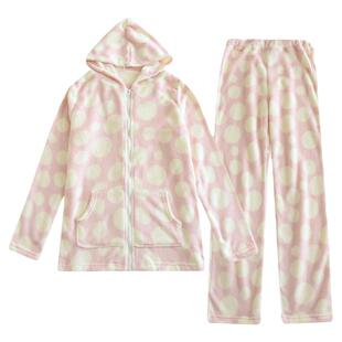 日系女士秋冬珊瑚绒睡衣连帽拉链款圆点加厚保暖可外穿甜美家居服