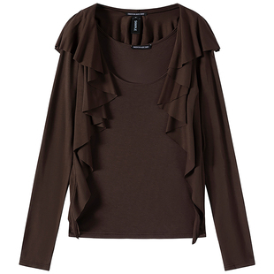 DIONYS*不规则褶皱坎肩吊带两件套T恤低领修身显瘦上衣