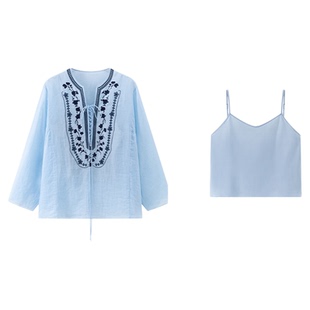 A Memory Inside吴昕同款60支100苎麻纱线激光绣花小衫女/a字短裤