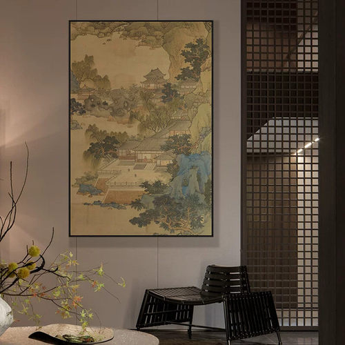 新中式玄关装饰画客厅书房茶室楼阁挂画走廊过道楼梯间古典墙壁画