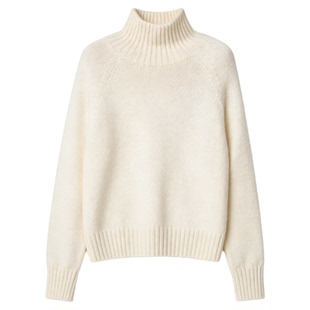 Basic House/百家好白色高领100%羊毛针织衫女冬宽松加厚打底毛衣