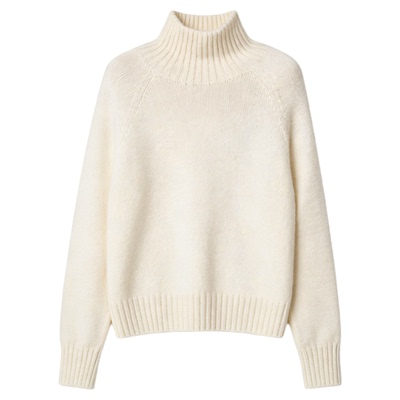 百家好白色高领100%羊毛针织衫女