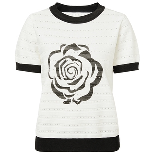 马天奴女装春夏新款纯色圆领玫瑰花针织衫短袖毛衫小衫上衣时尚女