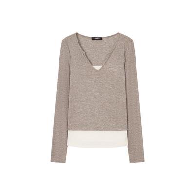 Ed Hardy埃德哈迪2026春季新款女士假两件v领烫珠长袖T恤E1SAW203