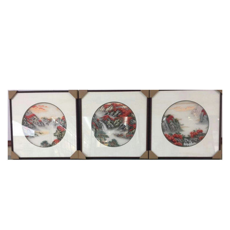 苏州刺绣机绣透明纱布带框成品三联画苏绣客厅装饰画牡丹山水走廊