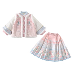 明制汉服女童冬季马面裙套装加绒加厚保暖两件套中国风拜年服羽灵
