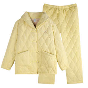轩靓新中式睡衣女秋冬季加绒三层加厚夹棉袄珊瑚绒保暖家居服套装