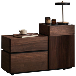 实木沙发边柜客厅轻奢岩板边几可移动小户型黑胡桃木茶水柜置物柜