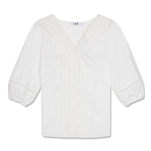 LILY春夏新款女装全棉法式掐腰蕾丝白色上衣泡泡短袖套头雪纺衬衫