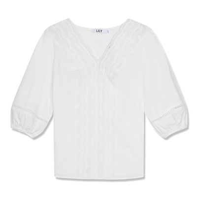 LILY法式重工花边V领白色雪纺衫