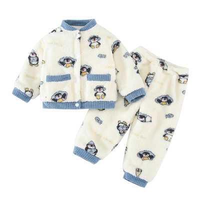 男童睡衣秋冬加厚珊瑚绒男孩三层夹棉保暖套装宝宝儿童超厚家居服