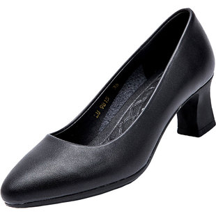 春浅口单鞋尖头黑色高跟鞋女中跟皮鞋粗跟职业女鞋面试静音工作鞋