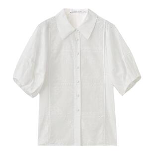 水云间白色纯棉泡泡袖衬衫女式秋季新款2026通勤衬衣翻领短袖上衣