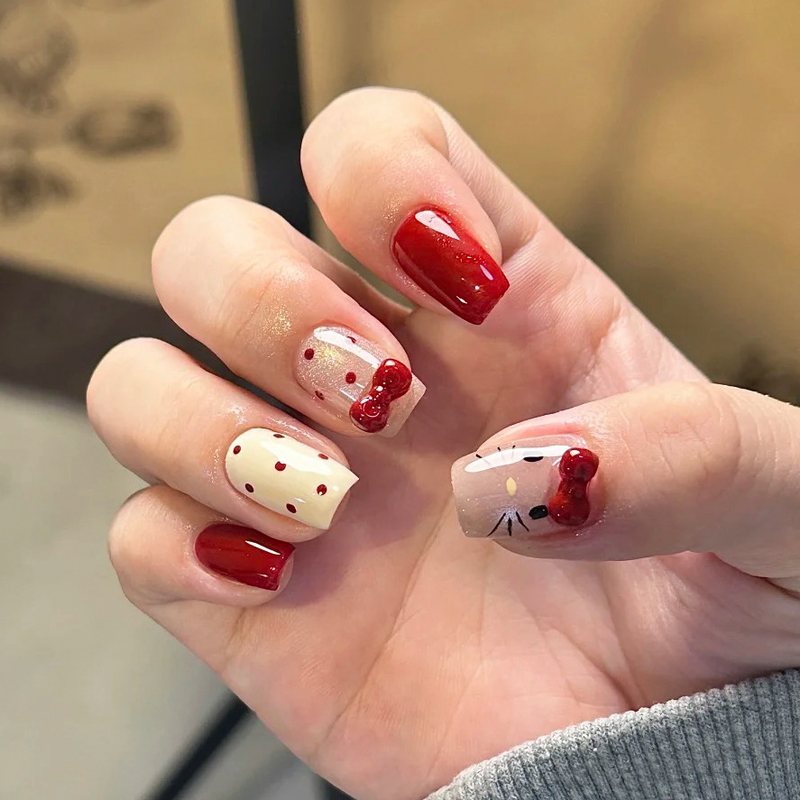 秋冬甜美猫咪穿戴甲立体点钻蝴蝶结可拆卸美甲红色波点指甲片批发