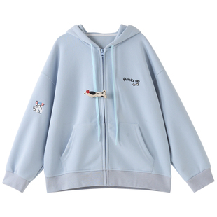 女大童浅蓝连帽开衫2026春装新款初中生卡通刺绣卫衣学生帽衫外套
