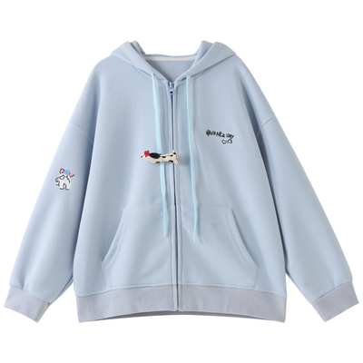 卡通立体挂件浅蓝连帽卫衣开衫