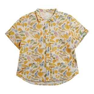 UnBleu全棉衬衫女夏季新款宽松日系女装森系印花纯棉薄荷绿上衣