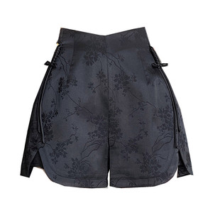 大码黑色复古提花休闲短裤女夏季新款国风中式高腰a字热裤阔腿裤
