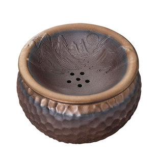 千里江山茶渣缸桌面废水缸垃圾桶带过滤干湿分离粗陶水盂茶洗家用