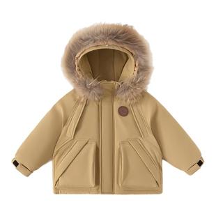 男童羽绒服冬装冲锋衣外套儿童卡其色防寒服女童三防连帽上衣童装