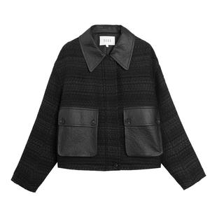 ELLE法式绵羊毛拼接短外套女2025冬季新款设计感翻领通勤休闲上衣