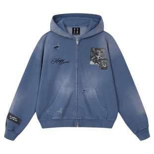 MEDM 贴布天使水洗磨破拉链休闲卫衣复古破洞连帽开衫加绒外套男