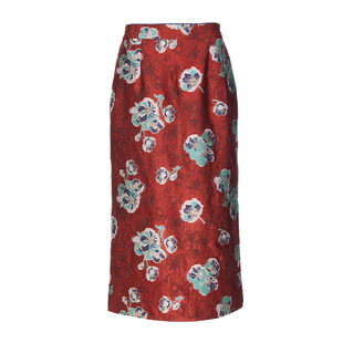 花木深国风红色半身裙2025新款高端精致直身裙海棠提花新中式半裙