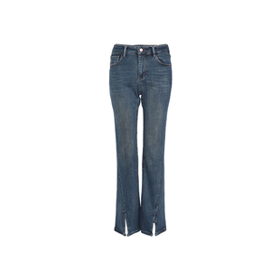 百丝气质修身高腰长裤春季显瘦开叉微喇直筒弹力牛仔裤女热卖