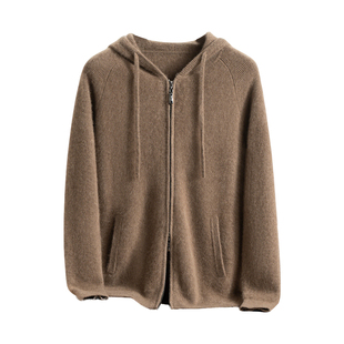 100%纯山羊绒元宝针带兜拉链带帽连帽衫男士开衫外套秋冬保暖毛衣