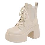 真皮厚底短靴女超高跟白色马丁靴2025秋冬新款小个子增高系带靴子