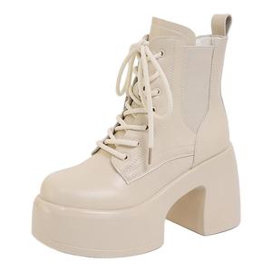 真皮厚底短靴女超高跟白色马丁靴2025秋冬新款小个子增高系带靴子