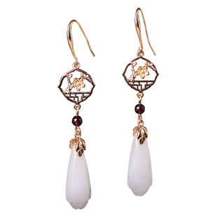 精致宫廷复古风S925纯银耳钩天然白玉兰花吊坠耳环配旗袍耳饰耳坠