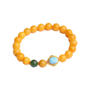 普陀山鸡油黄蜜蜡手串男女款盘玩天然海纹石碧玉单珠手链复古手饰