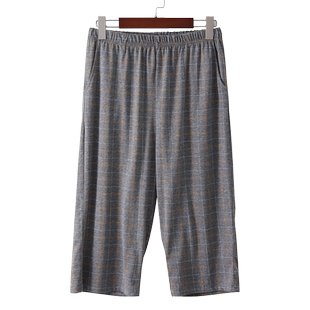 夏季男士纯棉七分裤睡裤大码家居裤加兜格子短裤松紧腰加肥宽腿裤
