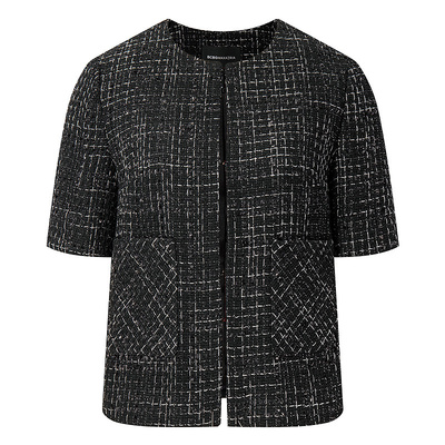 BCBG夏季简约通勤亮丝花呢百搭黑色箱型小香风圆领短袖女外套上衣