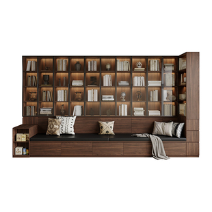 中古风客厅书柜卡座一体整墙去客厅化满墙复古一体式实木满墙书柜