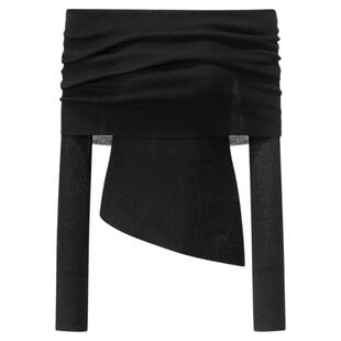 CLIMAX VISION超细羊毛混纺/堆叠感褶皱一字肩针织长袖打底毛衣女