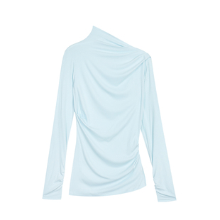 NEVA HU 解构美学 设计感斜领长袖T恤女韩式性感褶皱收腰针织上衣