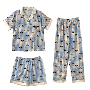 睡衣女款春装小个子三件套夏季2025新款短袖长裤梭织可爱家居服