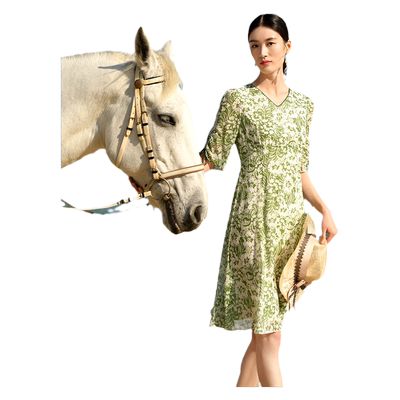 真丝乔其印花V领茶歇裙连衣裙女