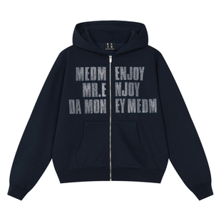 MEDM 包边绣花烫钻休闲连帽卫衣春秋美式街头百搭宽松拉链帽衫男