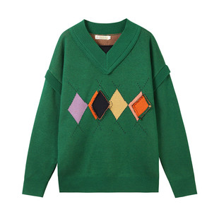 王一博赵小棠白鹿同款外套宽松潮牌学院风菱形V领毛衣针织衫男女