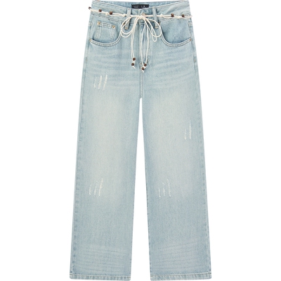 爱居兔莱赛尔柔软牛仔裤女春秋新款高腰显瘦阔腿裤休闲长裤