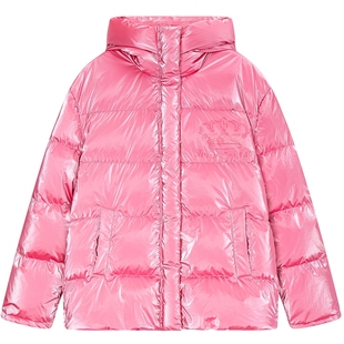 【90白鸭绒】Juicy Couture橘滋羽绒服女粉色亮面连帽保暖外套