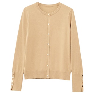 Amii法式排扣袖衩针织开衫女2024新款春秋外穿直筒显瘦圆领针织衫