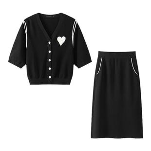 拉夏贝尔/La Chapelle夏季新款露肩针织衫高腰半身裙针织两件套女