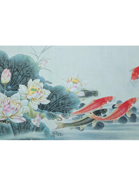 工笔国画白描底稿四尺荷花鲤鱼